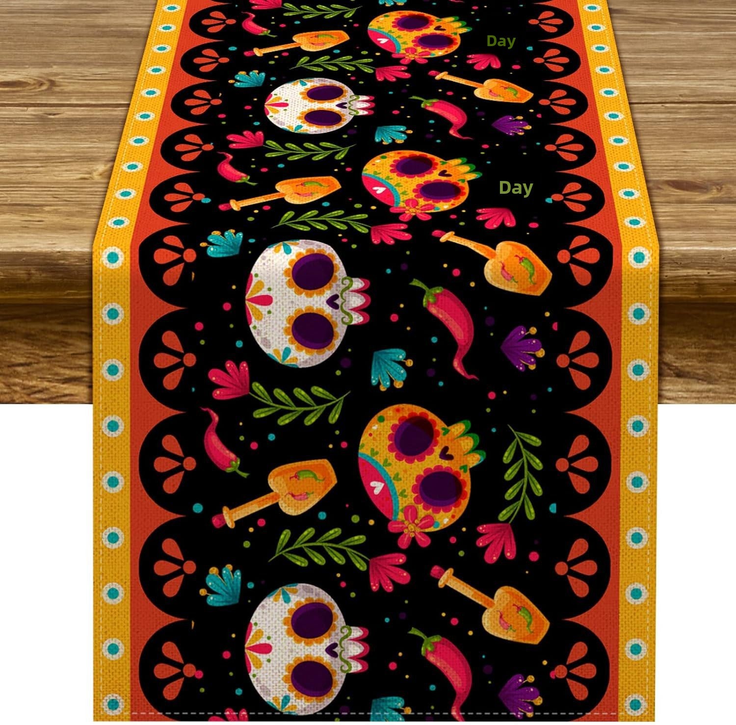 Day Of The Dead Flowers Table Runner In Polyester, Perfect For Festive Decoration