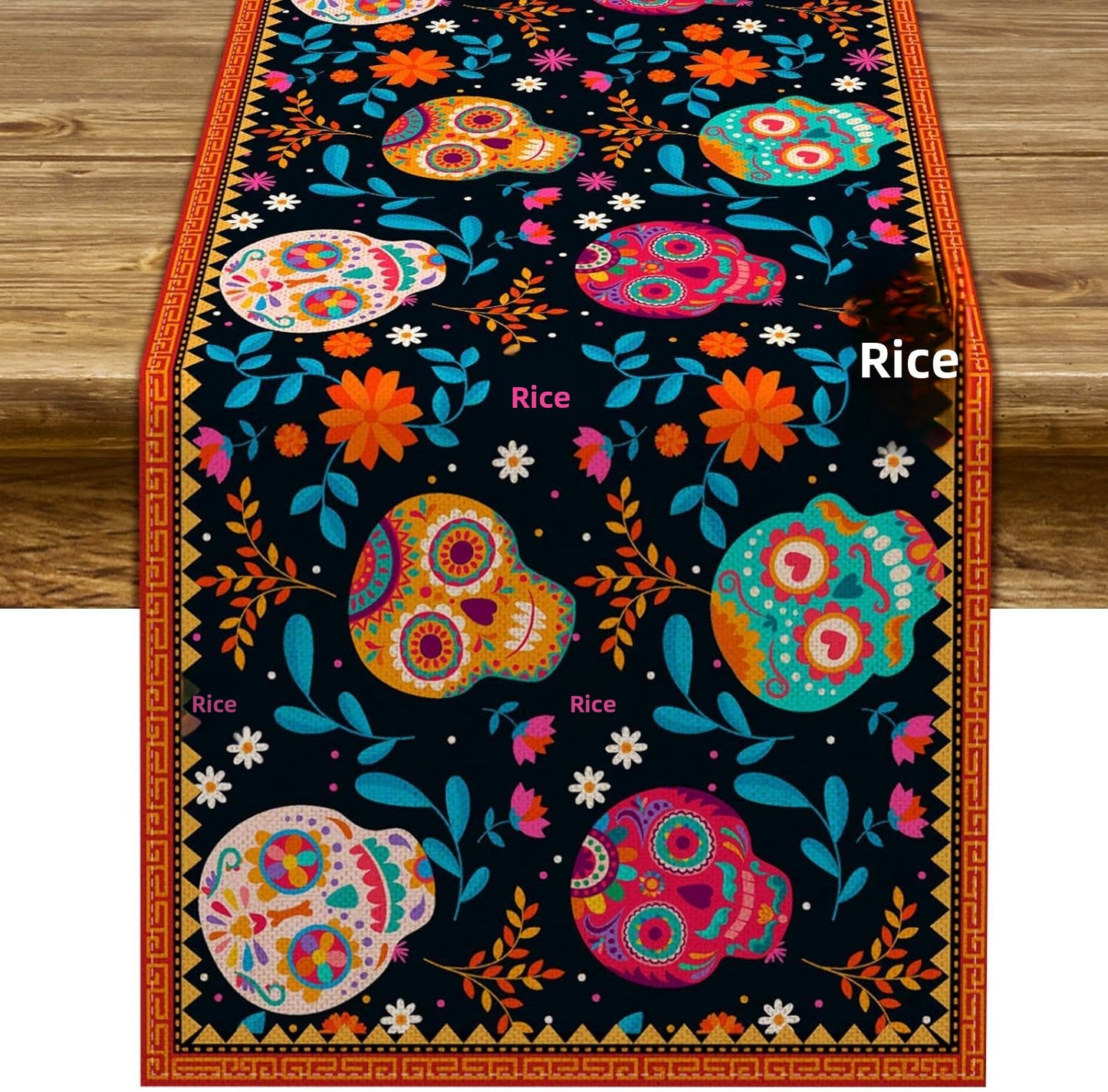 Day Of The Dead Flowers Table Runner In Polyester, Perfect For Festive Decoration