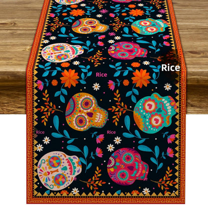Day Of The Dead Flowers Table Runner In Polyester, Perfect For Festive Decoration