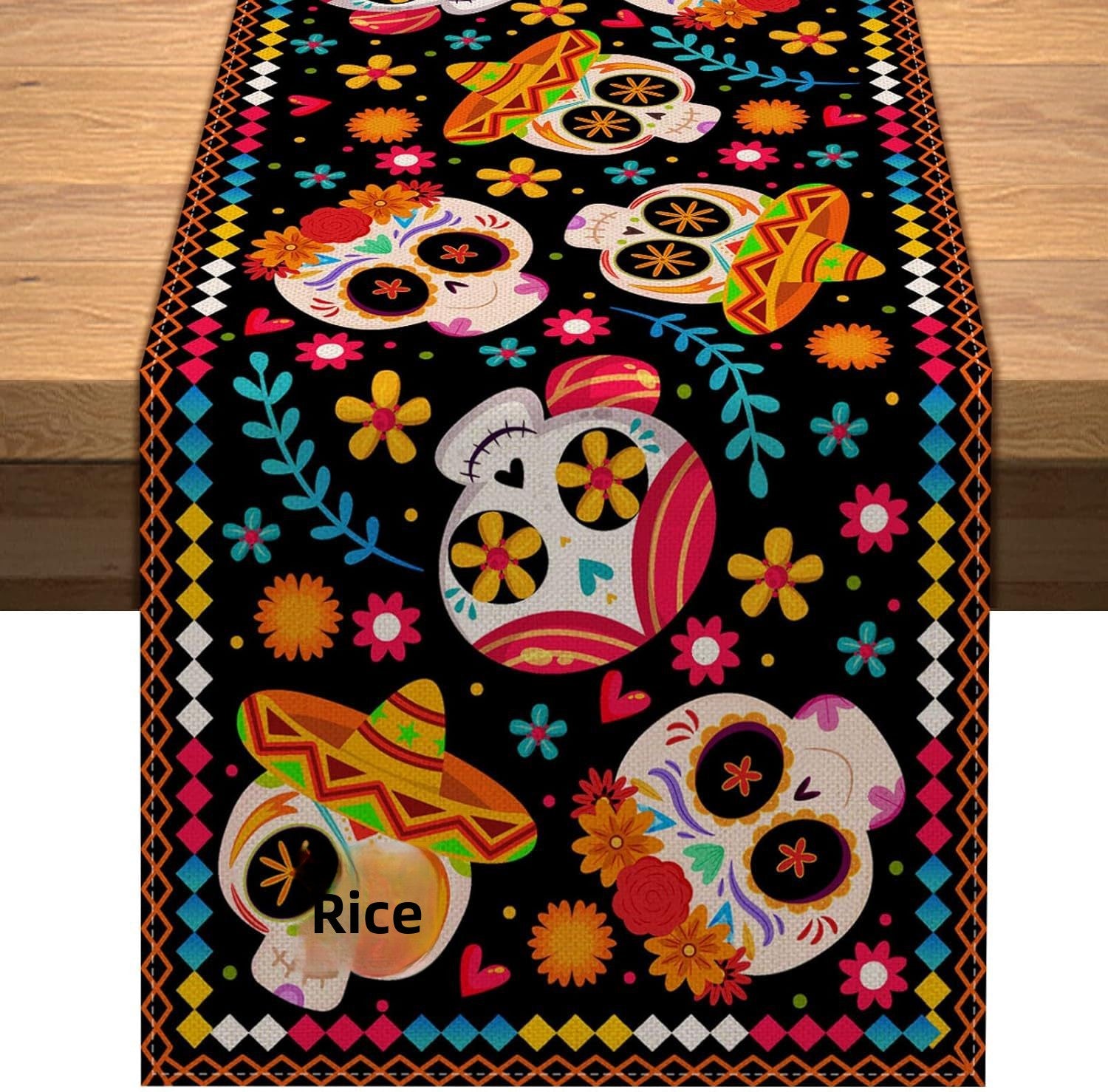 Day Of The Dead Flowers Table Runner In Polyester, Perfect For Festive Decoration