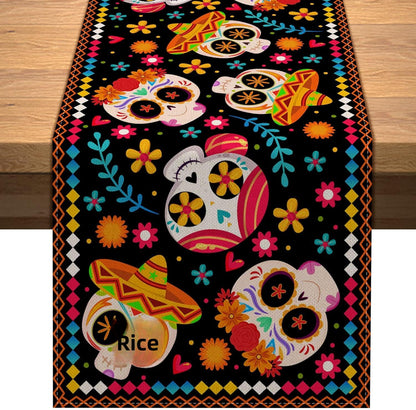 Day Of The Dead Flowers Table Runner In Polyester, Perfect For Festive Decoration