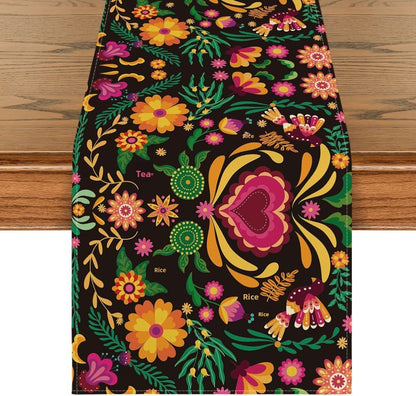 Day Of The Dead Flowers Table Runner In Polyester, Perfect For Festive Decoration