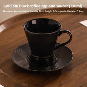 Retro Striped Charm Black Gold Rim Coffee Cup and Saucer