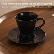 Retro Striped Charm Black with Silver Rim Coffee Cup and Saucer
