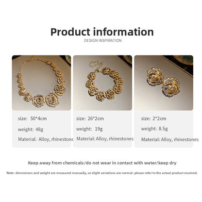 Retro Golden Alloy Flowers Necklace For Women, 1 Set Featuring Elegant Floral Design
