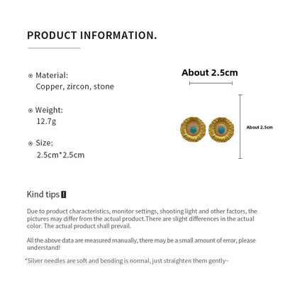 Round Stud Earrings For Women In Copper With Zircon Inlay, Available In Golden