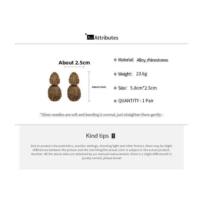 Oval Stud Earrings For Women In Steel Color Alloy With Rhinestones Inlay