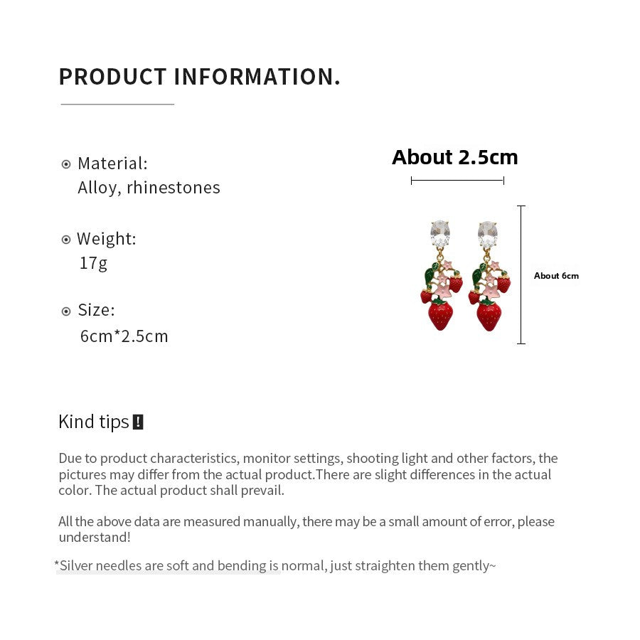 Strawberry Stud Earrings For Women With Golden Alloy And Enamel Craft Featuring Rhinestone Inlay