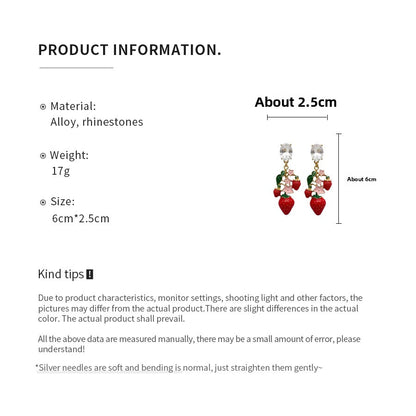 Strawberry Stud Earrings For Women With Golden Alloy And Enamel Craft Featuring Rhinestone Inlay