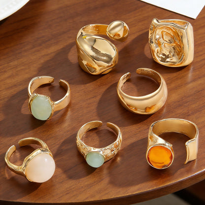 For Women Irregular Wide Band Ring In Golden Zinc Alloy Featuring Moonstone Inlay