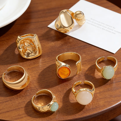 For Women Irregular Wide Band Ring In Golden Zinc Alloy Featuring Moonstone Inlay