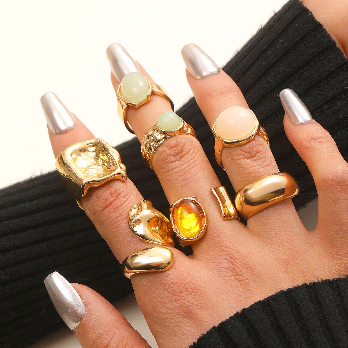 For Women Irregular Wide Band Ring In Golden Zinc Alloy Featuring Moonstone Inlay