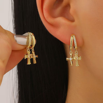 Cross Stud Earrings For Women In Copper Featuring Zircon Inlay