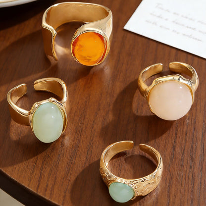 For Women Irregular Wide Band Ring In Golden Zinc Alloy Featuring Moonstone Inlay