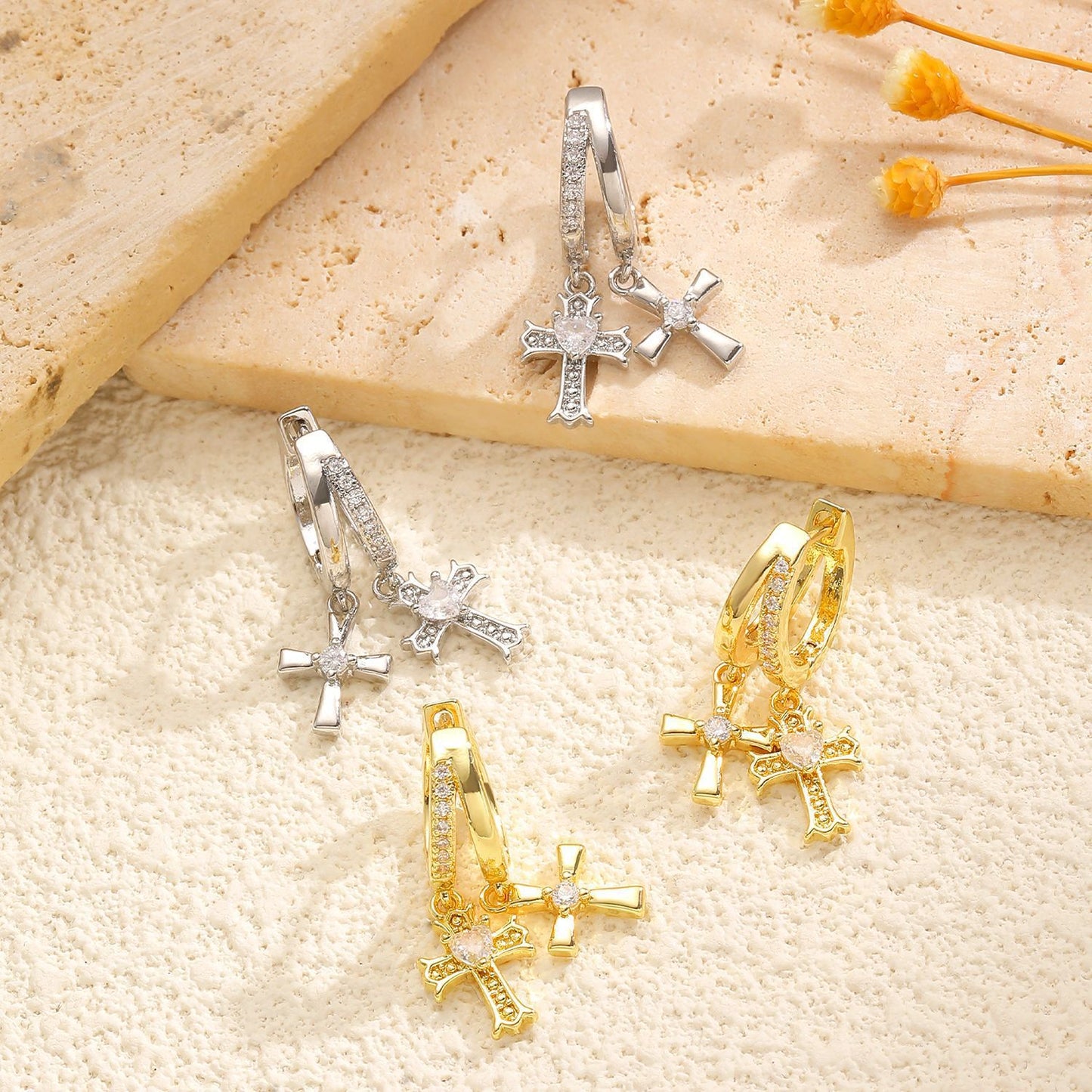 Cross Stud Earrings For Women In Copper Featuring Zircon Inlay