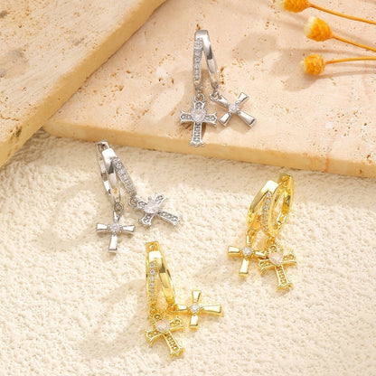 Cross Stud Earrings For Women In Copper Featuring Zircon Inlay