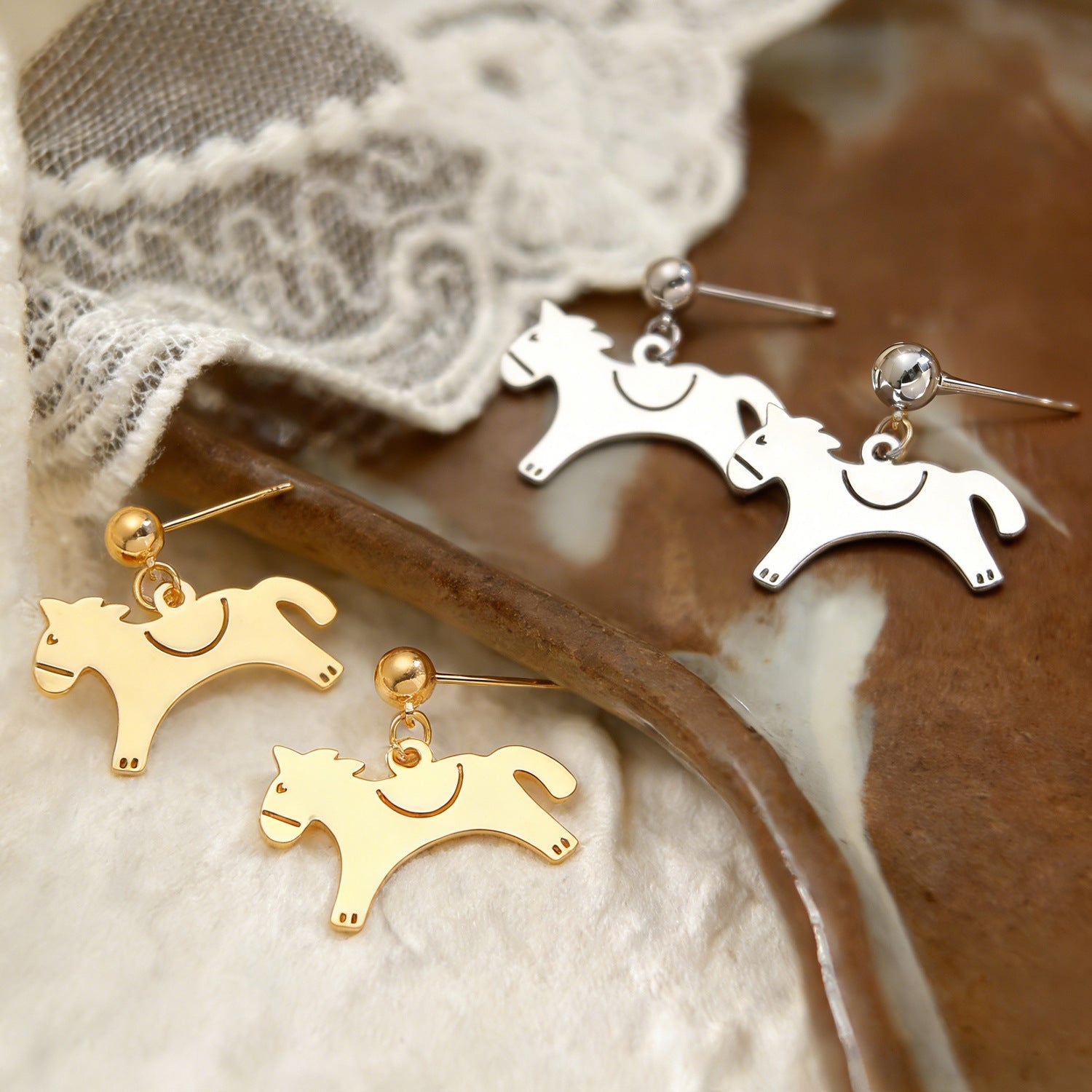 Horse Stud Earrings For Women In Golden Copper Featuring Elegant Design
