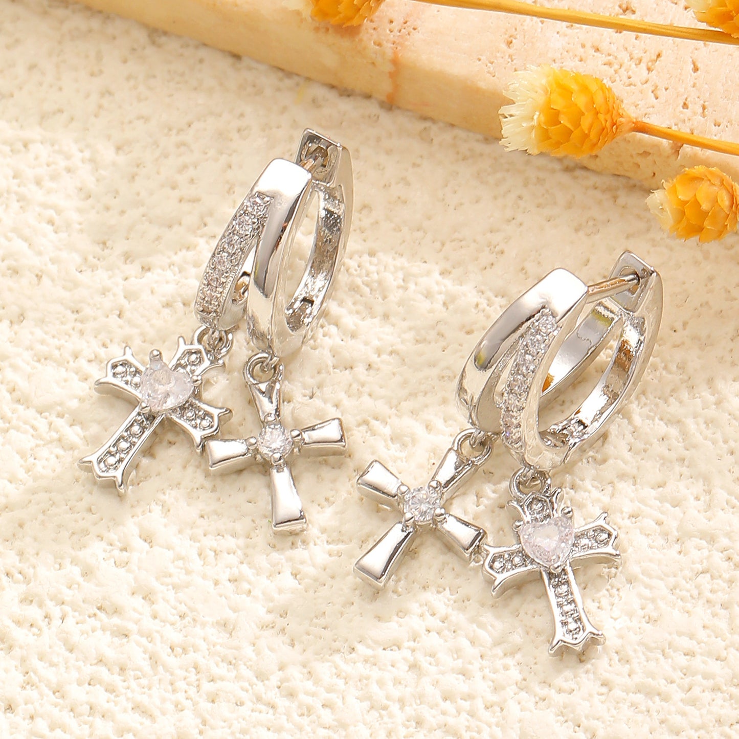 Cross Stud Earrings For Women In Copper Featuring Zircon Inlay