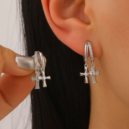 Cross Stud Earrings For Women In Copper Featuring Zircon Inlay