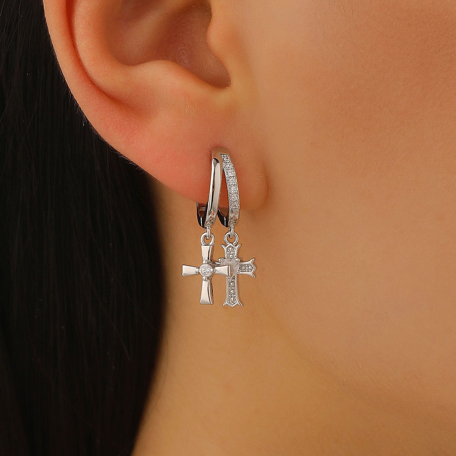 Cross Stud Earrings For Women In Copper Featuring Zircon Inlay