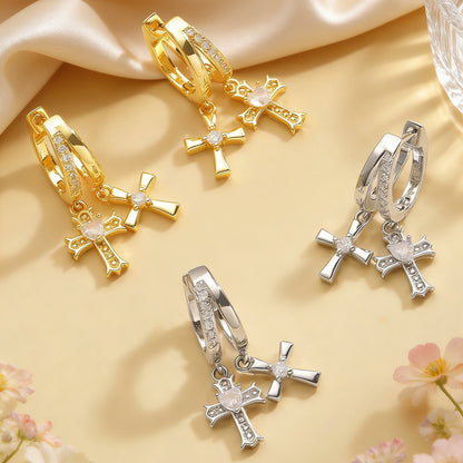 Cross Stud Earrings For Women In Copper Featuring Zircon Inlay