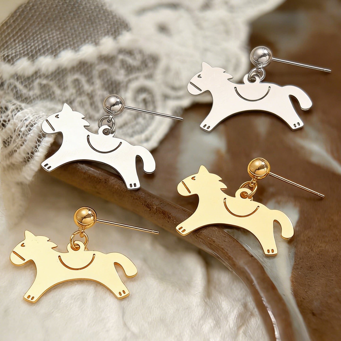 Horse Stud Earrings For Women In Golden Copper Featuring Elegant Design