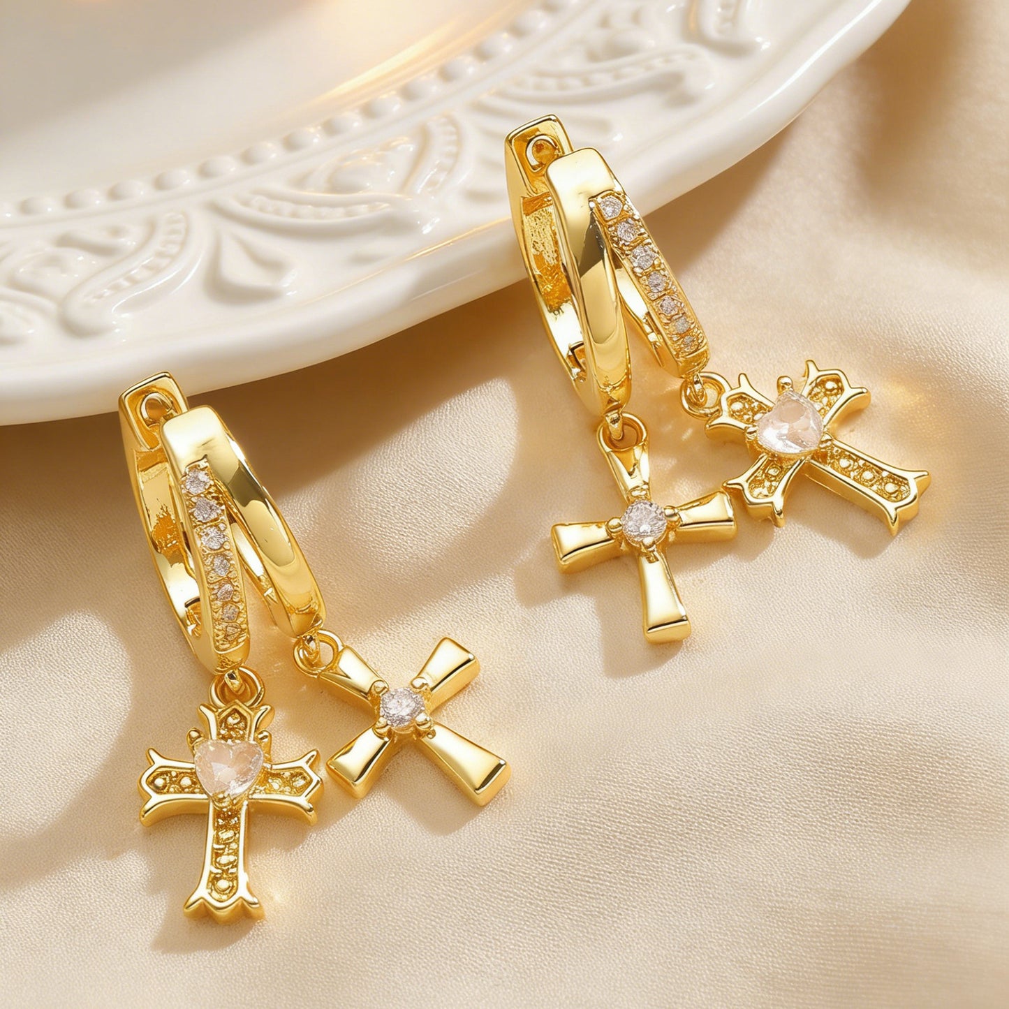 Cross Stud Earrings For Women In Copper Featuring Zircon Inlay