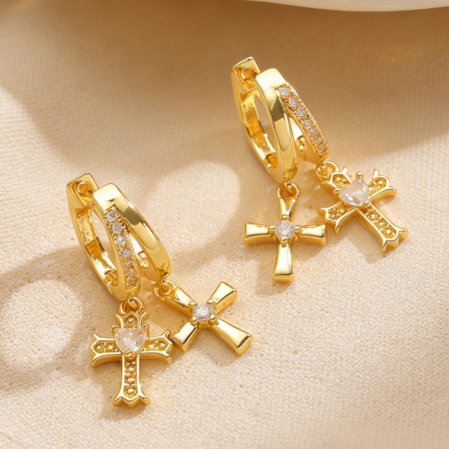 Cross Stud Earrings For Women In Copper Featuring Zircon Inlay