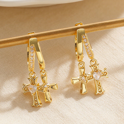 Cross Stud Earrings For Women In Copper Featuring Zircon Inlay