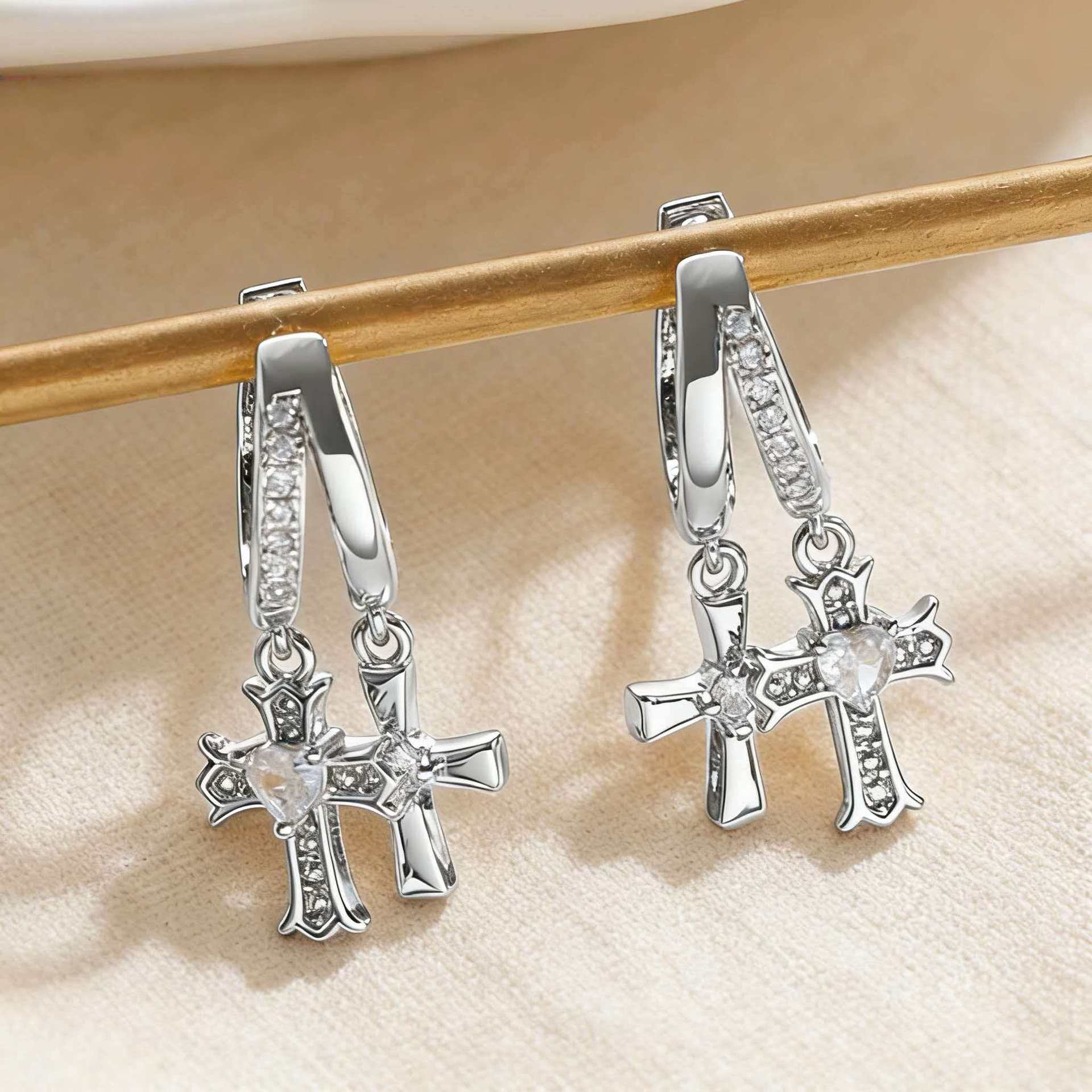 Cross Stud Earrings For Women In Copper Featuring Zircon Inlay
