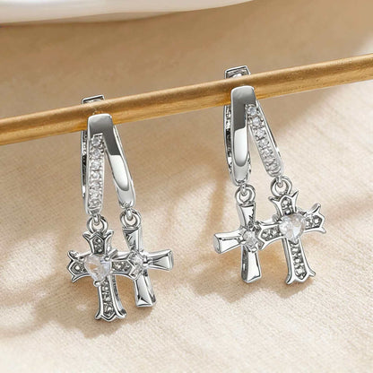 Cross Stud Earrings For Women In Copper Featuring Zircon Inlay