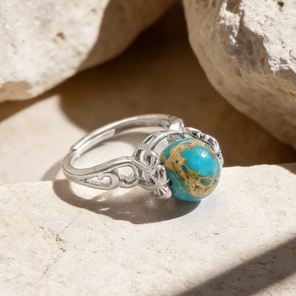 Vintage Style Round Open Ring For Unisex Featuring Natural Stone Inlay In Copper