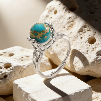 Vintage Style Round Open Ring For Unisex Featuring Natural Stone Inlay In Copper