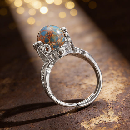 Vintage Style Round Open Ring For Unisex Featuring Natural Stone Inlay In Copper