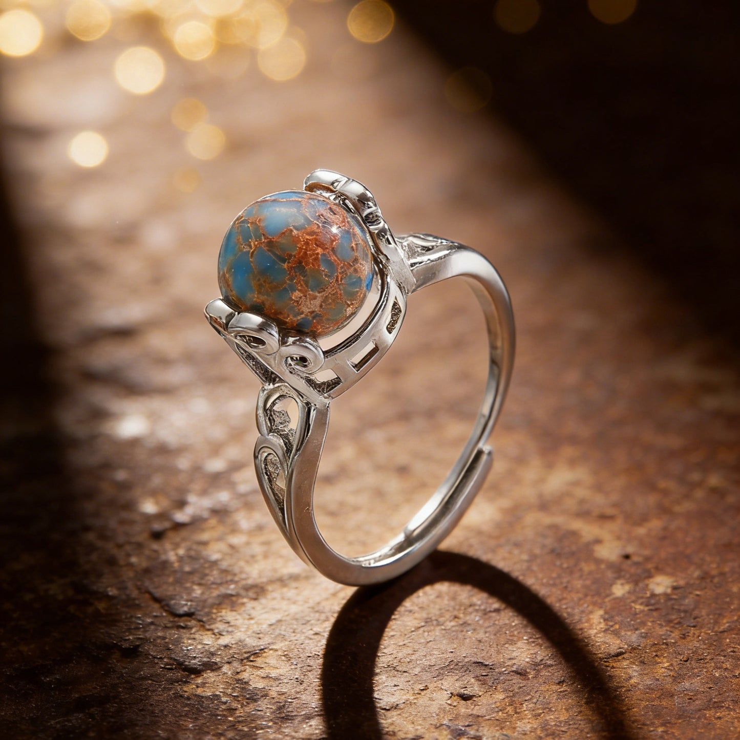 Vintage Style Round Open Ring For Unisex Featuring Natural Stone Inlay In Copper