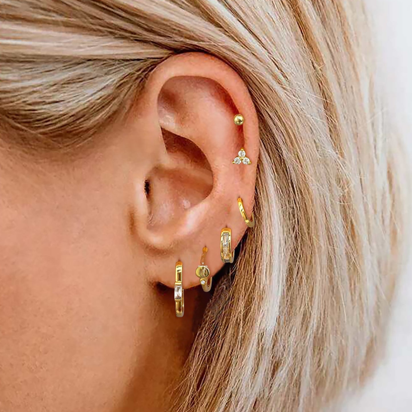 For Stud Earrings In Copper With Zircon Inlay, Golden Color, 6 Pieces Set