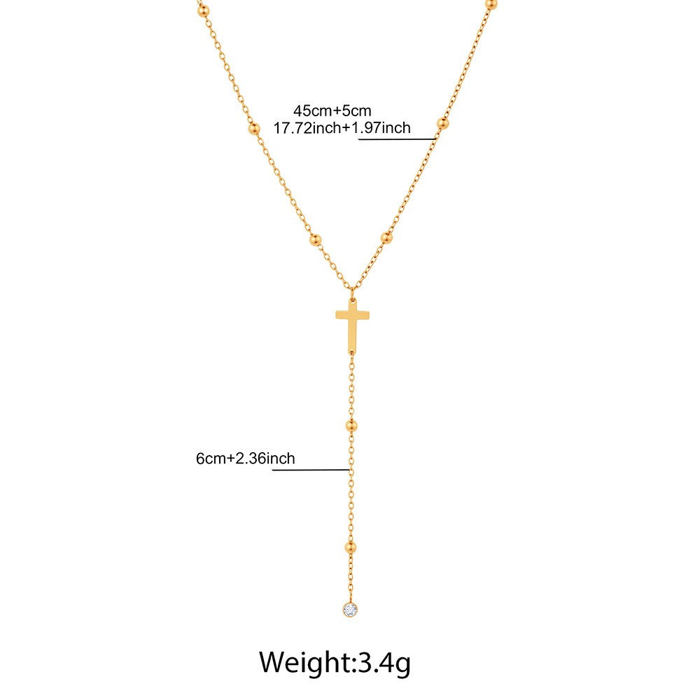 For Women Y-Necklace Lariat Necklace Featuring Cross Pendant In 18K Real Gold Plated 304 Stainless Steel With Zircon On Beaded Chain