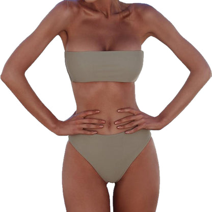 Women's Solid Color Grey Split Swimsuit Bikini Made Of Polyester, Perfect For Swimming Pool