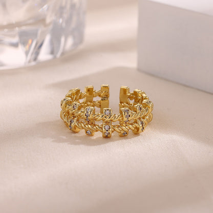 Retro Copper Cross Ring For Women Featuring Zircon Inlay, 1 Piece