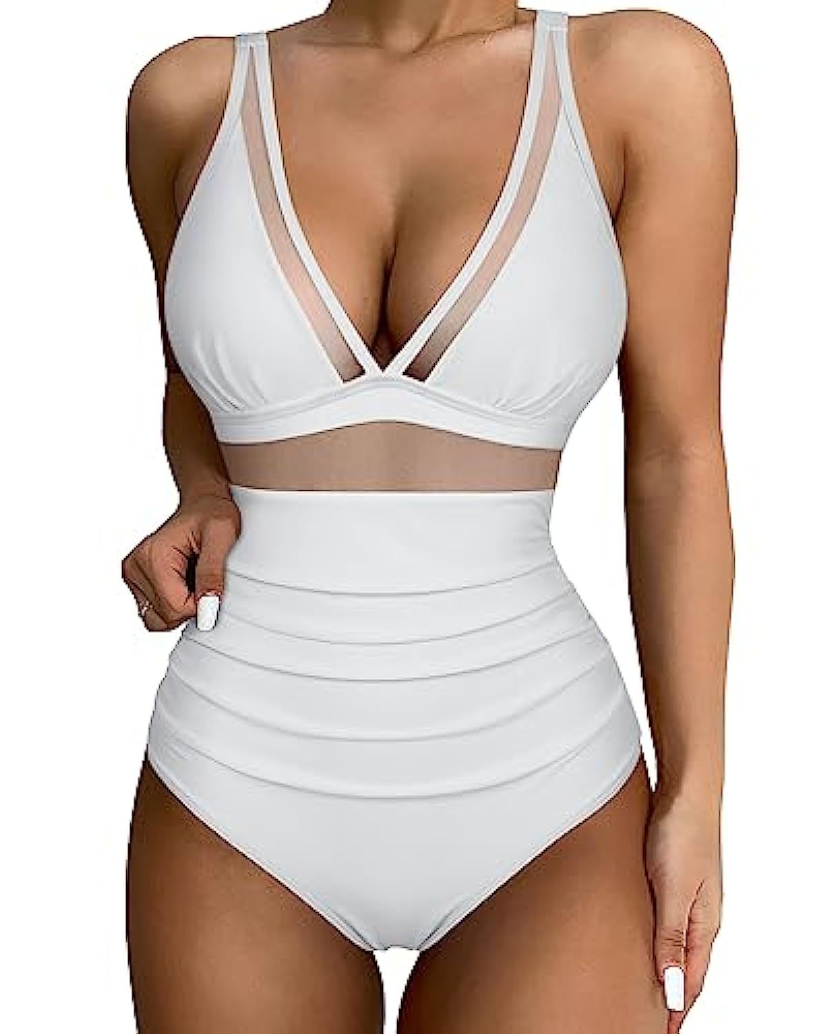 Solid Color White One-Piece Swimsuit In Nylon Fabric, Perfect For Beach Wear