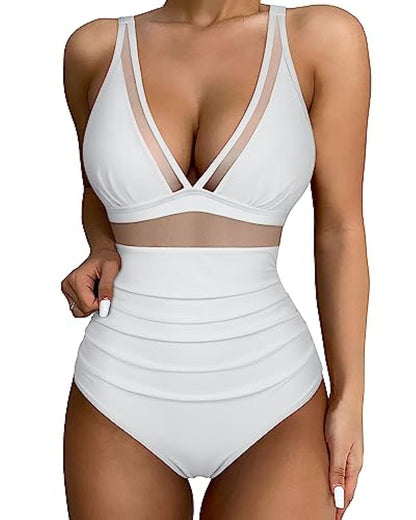 Solid Color White One-Piece Swimsuit In Nylon Fabric, Perfect For Beach Wear