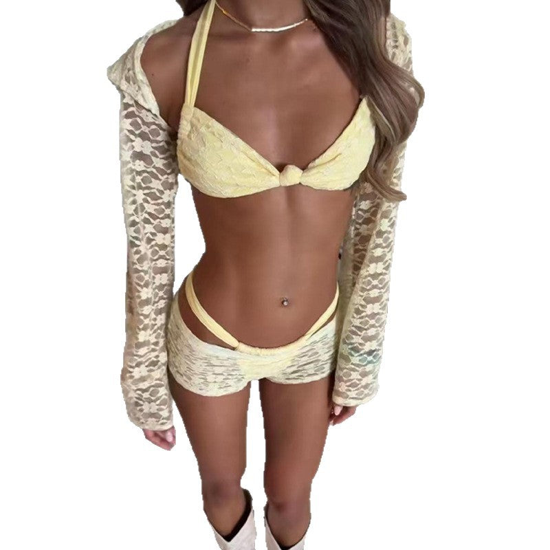 Solid Color Three-Piece Swimwear Set In Yellow Featuring Nylon Fabric And A Split Swimsuit Top With Halter Neck For Beach