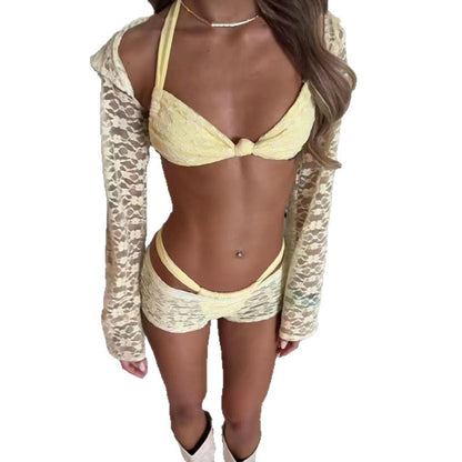 Solid Color Three-Piece Swimwear Set In Yellow Featuring Nylon Fabric And A Split Swimsuit Top With Halter Neck For Beach