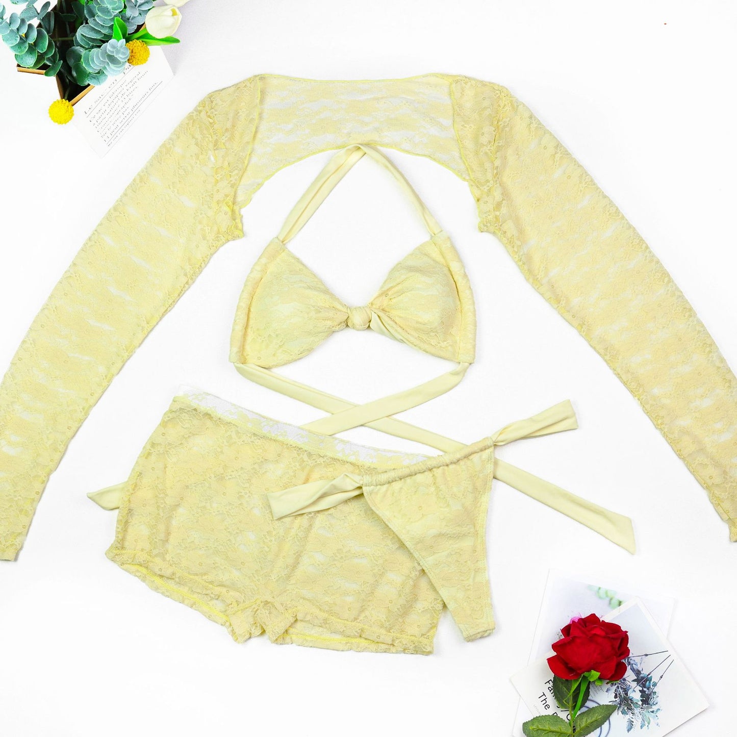 Solid Color Three-Piece Swimwear Set In Yellow Featuring Nylon Fabric And A Split Swimsuit Top With Halter Neck For Beach