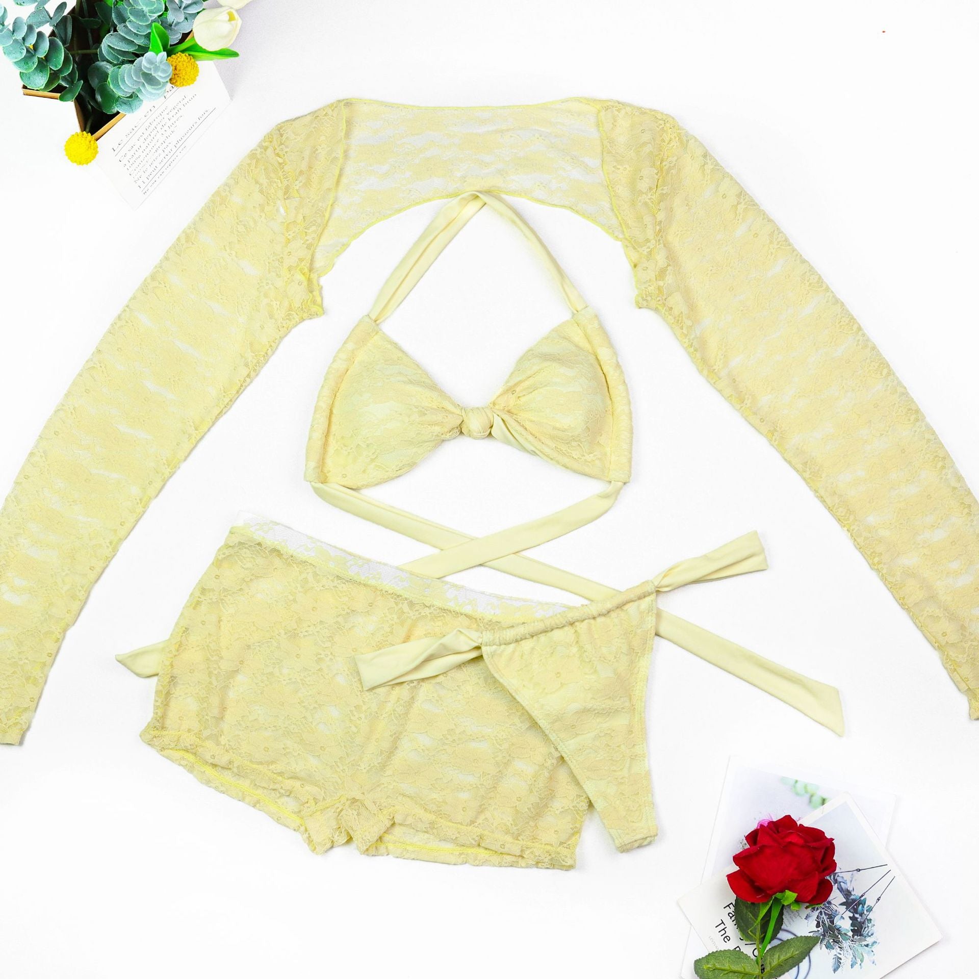 Solid Color Three-Piece Swimwear Set In Yellow Featuring Nylon Fabric And A Split Swimsuit Top With Halter Neck For Beach