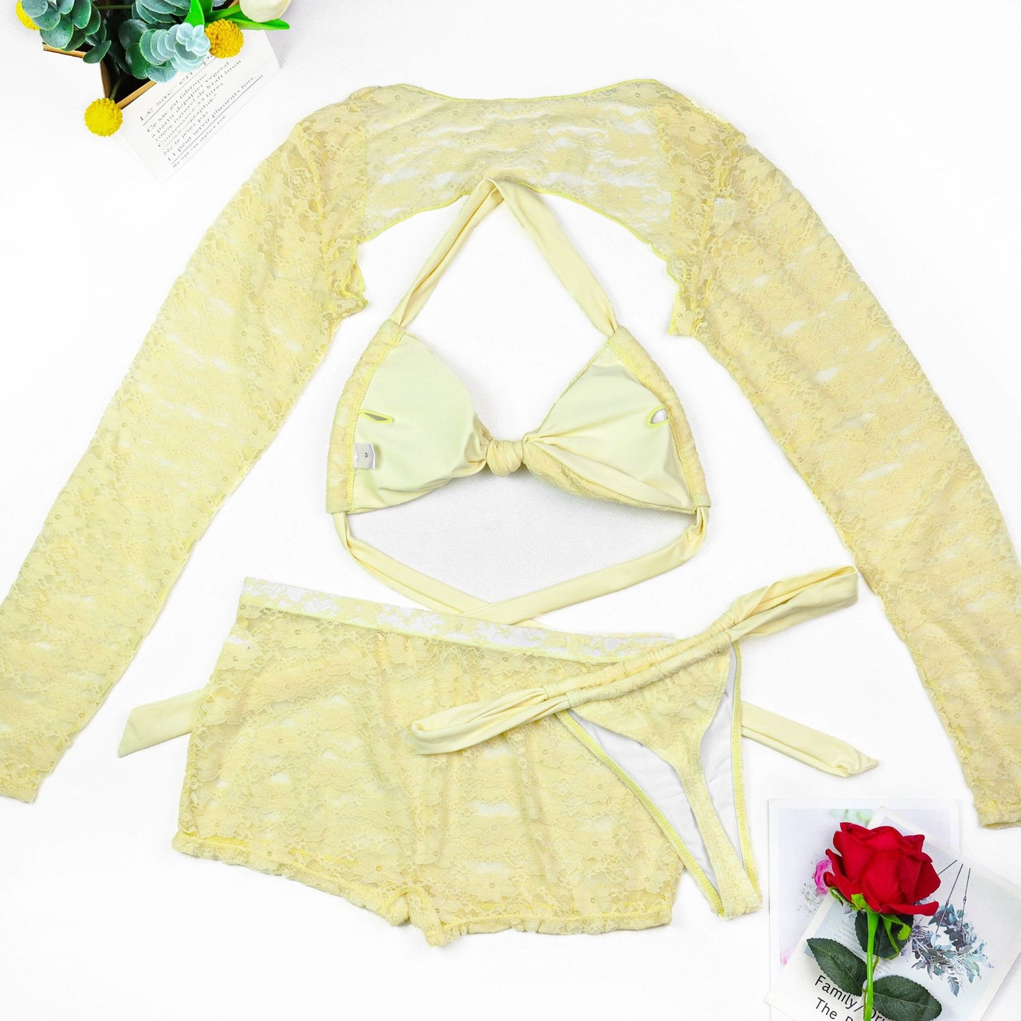 Solid Color Three-Piece Swimwear Set In Yellow Featuring Nylon Fabric And A Split Swimsuit Top With Halter Neck For Beach