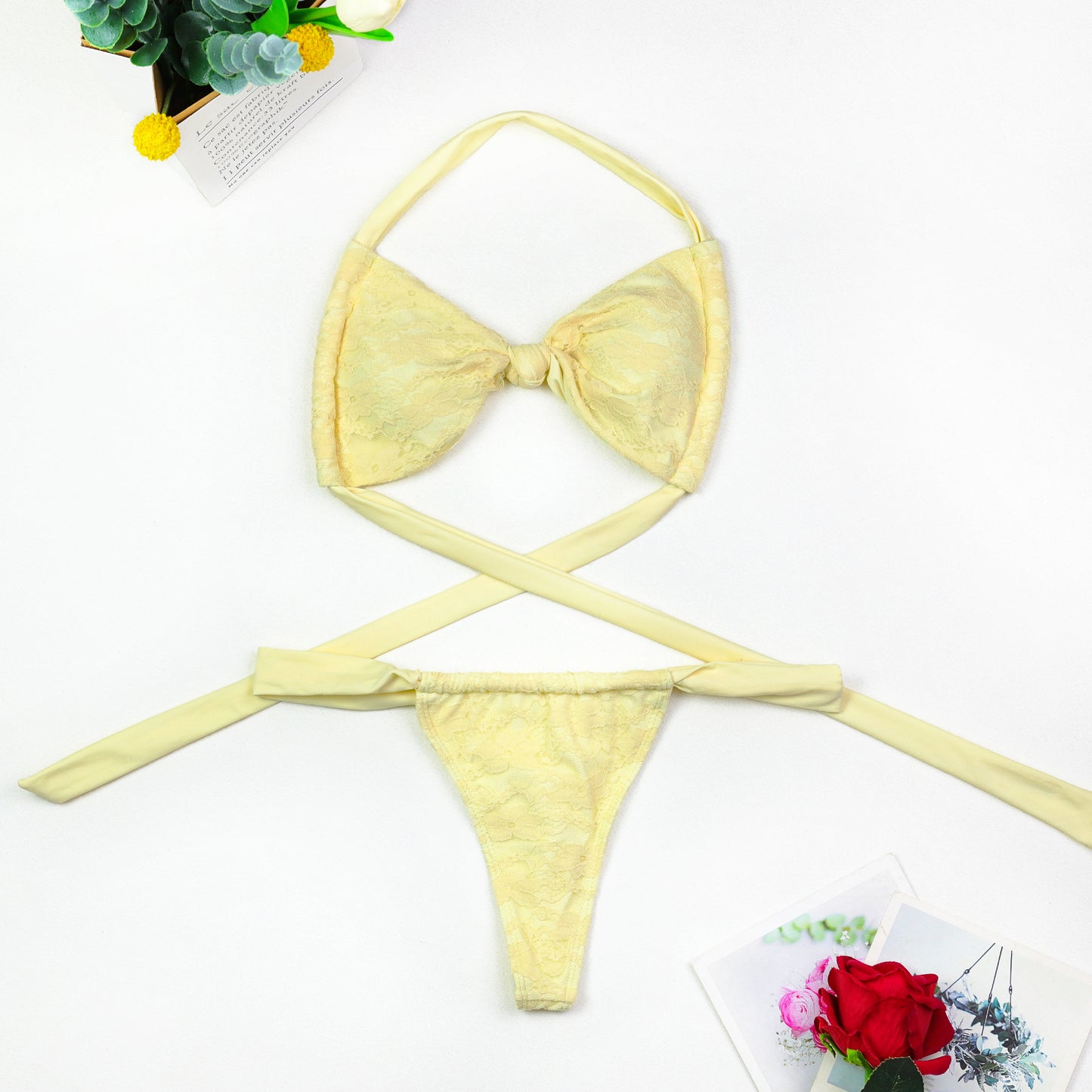 Solid Color Three-Piece Swimwear Set In Yellow Featuring Nylon Fabric And A Split Swimsuit Top With Halter Neck For Beach