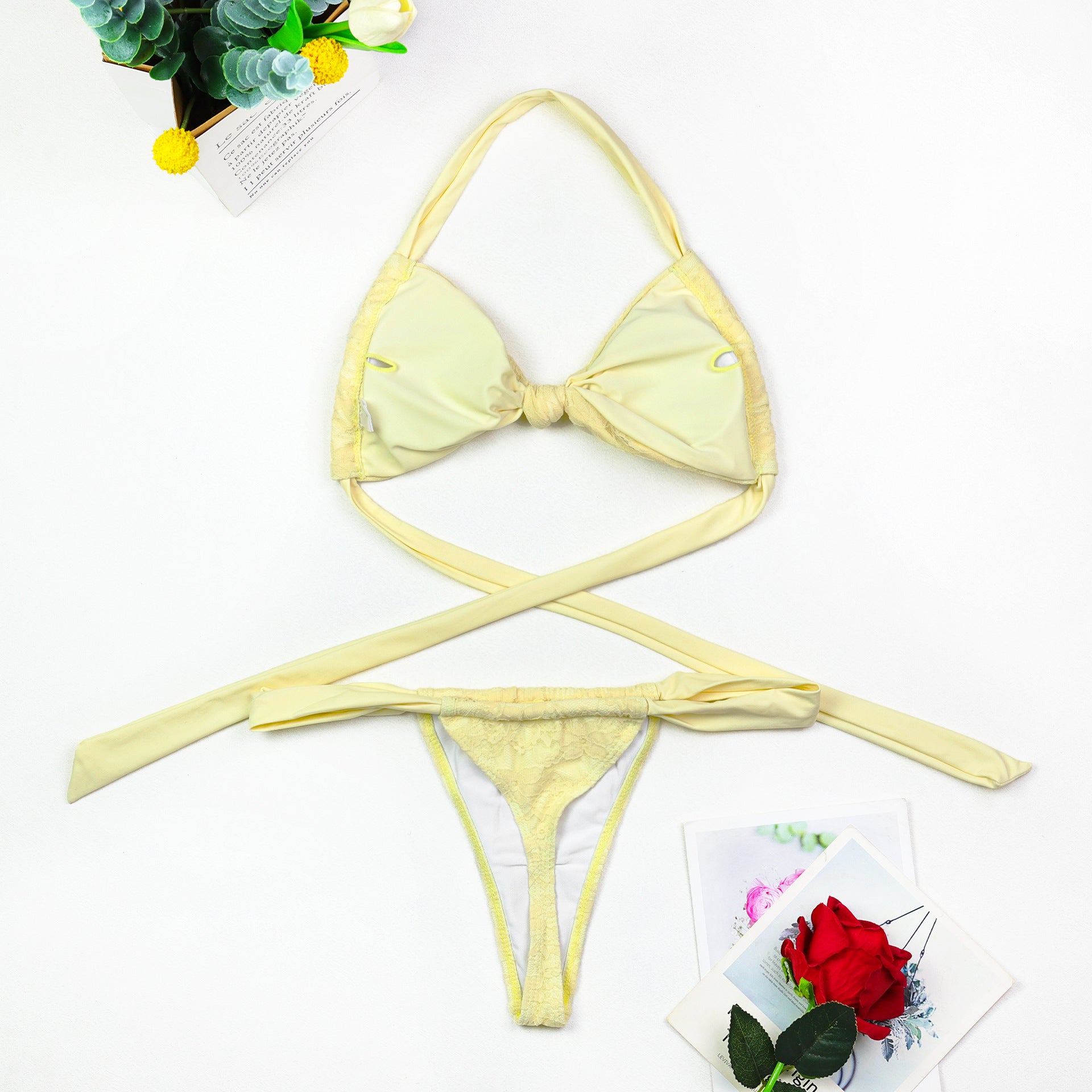 Solid Color Three-Piece Swimwear Set In Yellow Featuring Nylon Fabric And A Split Swimsuit Top With Halter Neck For Beach