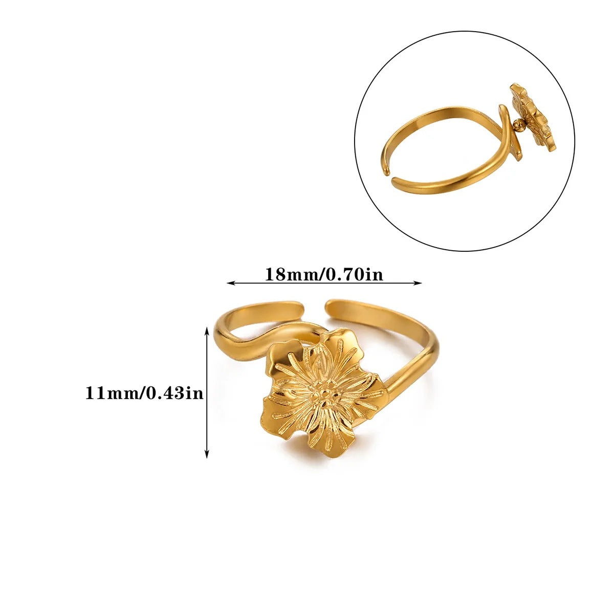 Adjustable Flowers Ring For Women In 304 Stainless Steel With PVD Coated Gold Plating Process