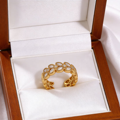 Open Copper Ring For Women Featuring Zircon Inlay With Elegant Grain Pattern
